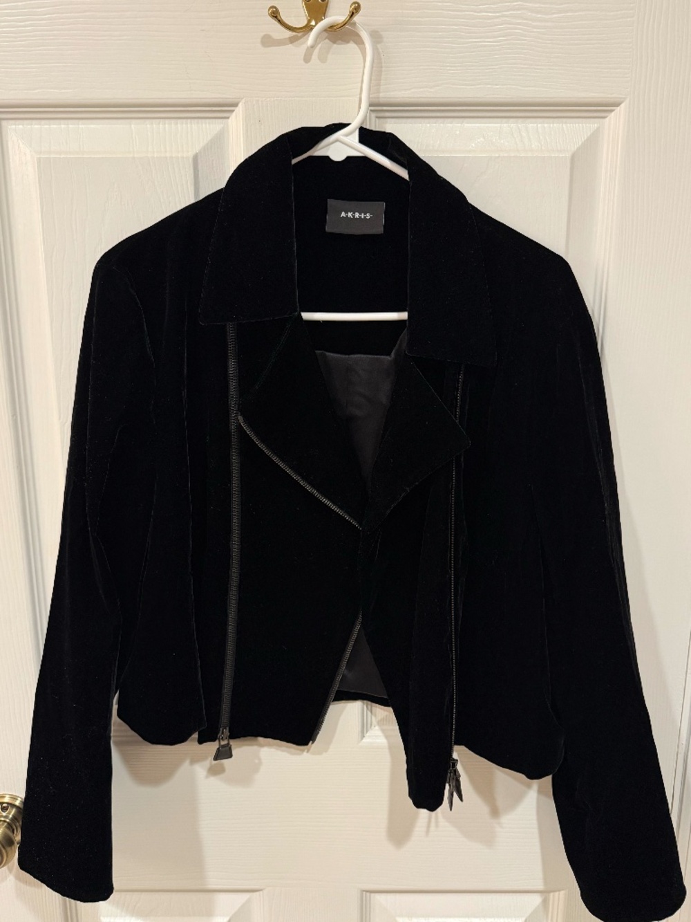 Akris Black Velvet Cropped Moto Jacket Silk Lined Luxury Designer Blazer